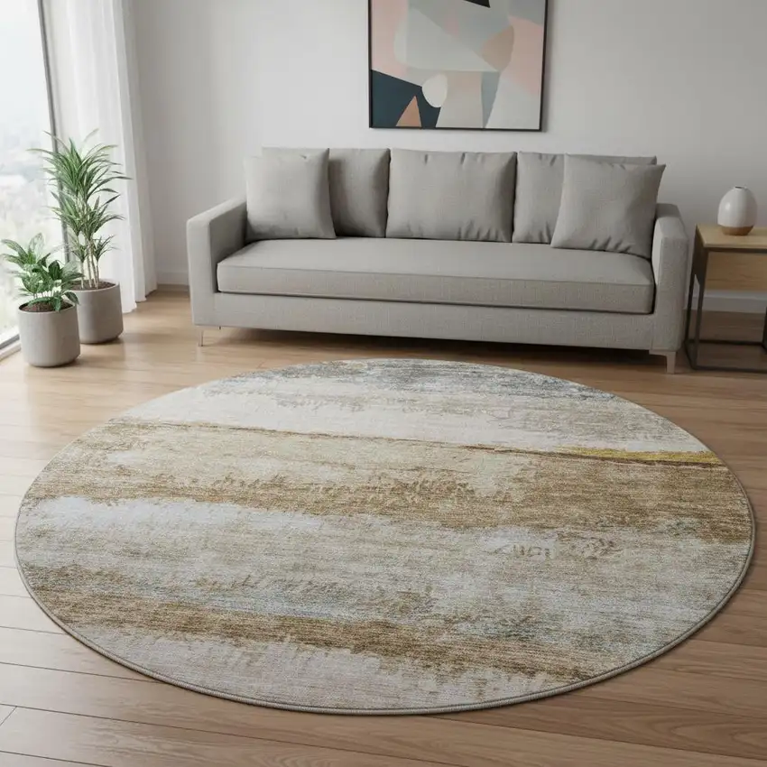 8' Beige Brown And Gray Abstract Washable Round Rug With UV Protection Photo 2