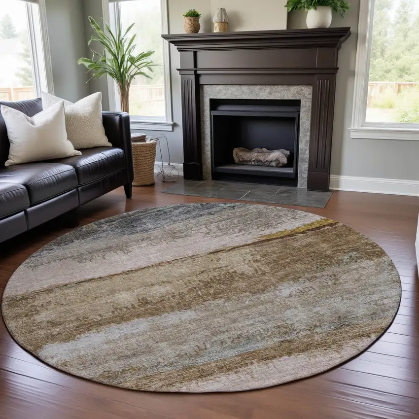 8' Beige Brown And Gray Abstract Washable Round Rug With UV Protection Photo 4