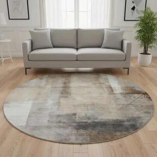 8' Beige Brown And Gray Abstract Washable Round Rug With UV Protection Photo 2
