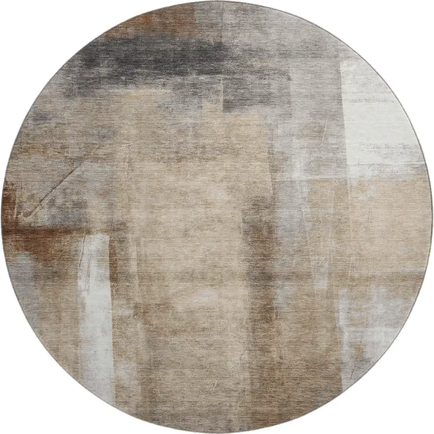 8' Beige Brown And Gray Abstract Washable Round Rug With UV Protection Photo 1