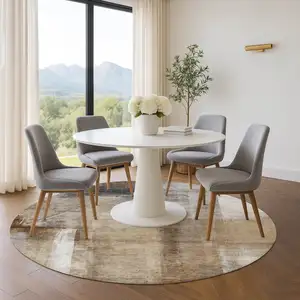 Photo of 8' Beige Brown And Gray Abstract Washable Round Rug With UV Protection