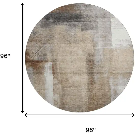 8' Beige Brown And Gray Abstract Washable Round Rug With UV Protection Photo 8
