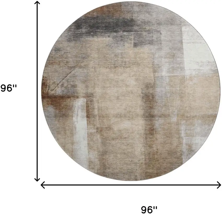 8' Beige Brown And Gray Abstract Washable Round Rug With UV Protection Photo 8