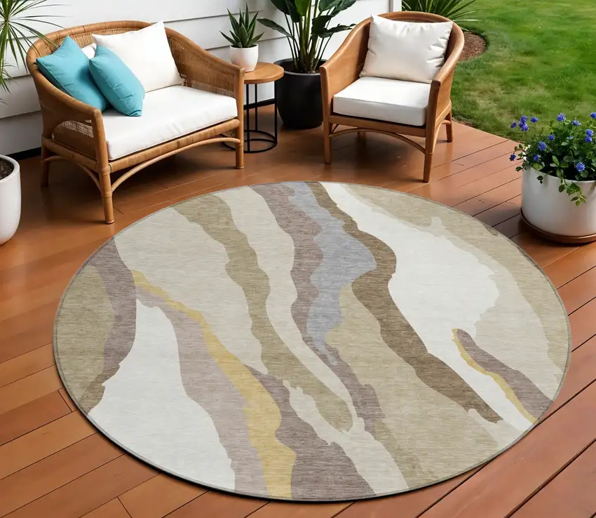 8' Beige Brown And Gray Round Abstract Washable Indoor Outdoor Area Rug Photo 1