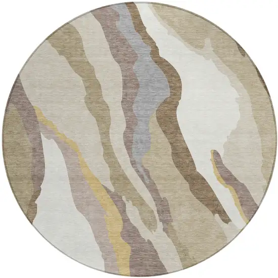 8' Beige Brown And Gray Round Abstract Washable Indoor Outdoor Area Rug Photo 2