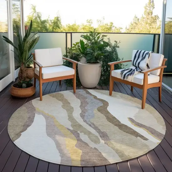 8' Beige Brown And Gray Round Abstract Washable Indoor Outdoor Area Rug Photo 8