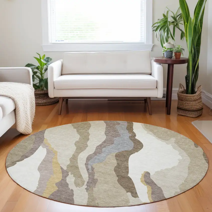 8' Beige Brown And Gray Round Abstract Washable Indoor Outdoor Area Rug Photo 9