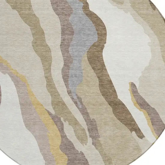 8' Beige Brown And Gray Round Abstract Washable Indoor Outdoor Area Rug Photo 5