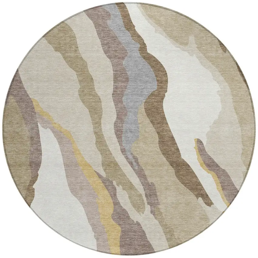 8' Beige Brown And Gray Round Abstract Washable Indoor Outdoor Area Rug Photo 7