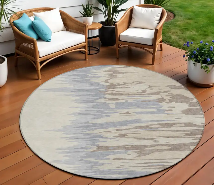 8' Beige Brown And Gray Round Abstract Washable Indoor Outdoor Area Rug Photo 1