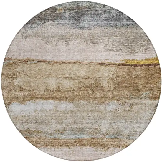 8' Beige Brown And Gray Round Abstract Washable Indoor Outdoor Area Rug Photo 2