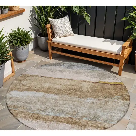 8' Beige Brown And Gray Round Abstract Washable Indoor Outdoor Area Rug Photo 1