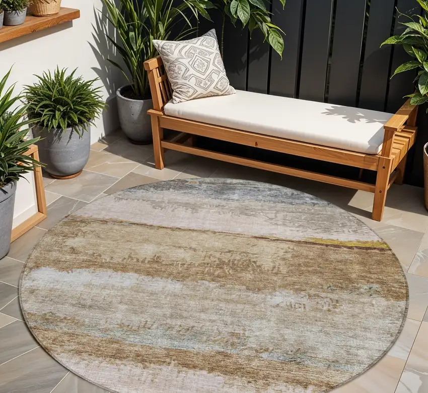 8' Beige Brown And Gray Round Abstract Washable Indoor Outdoor Area Rug Photo 1