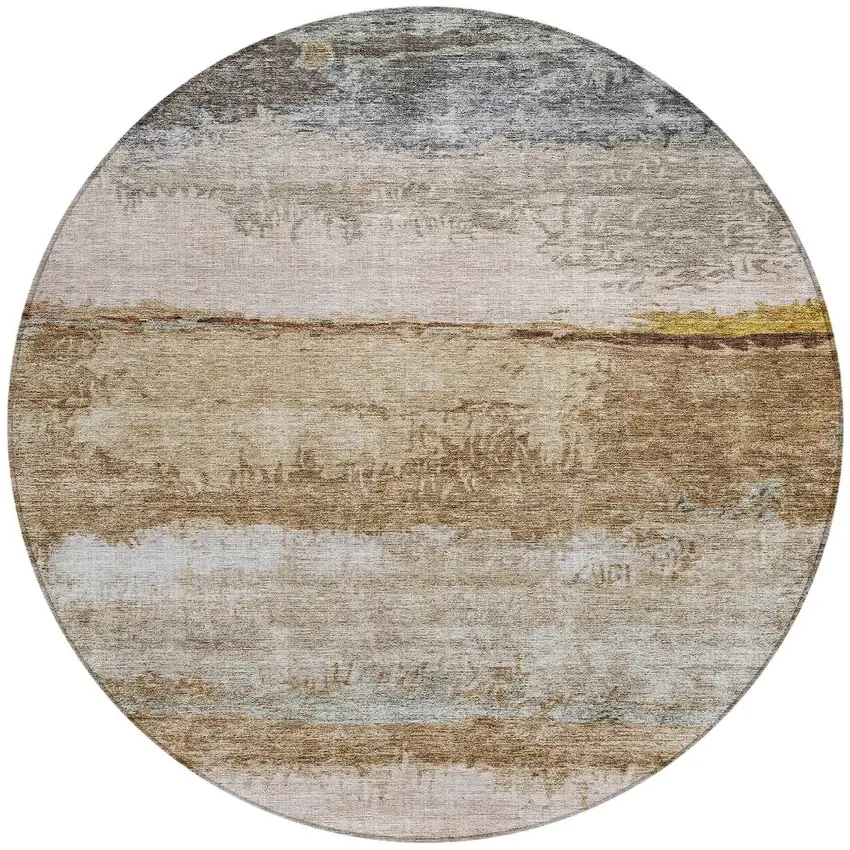 8' Beige Brown And Gray Round Abstract Washable Indoor Outdoor Area Rug Photo 4