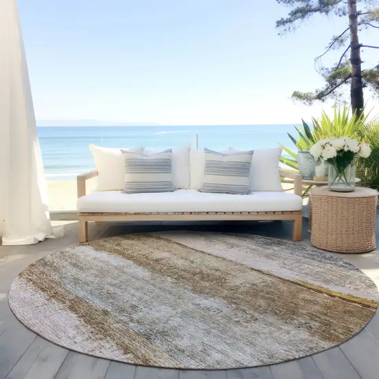8' Beige Brown And Gray Round Abstract Washable Indoor Outdoor Area Rug Photo 6