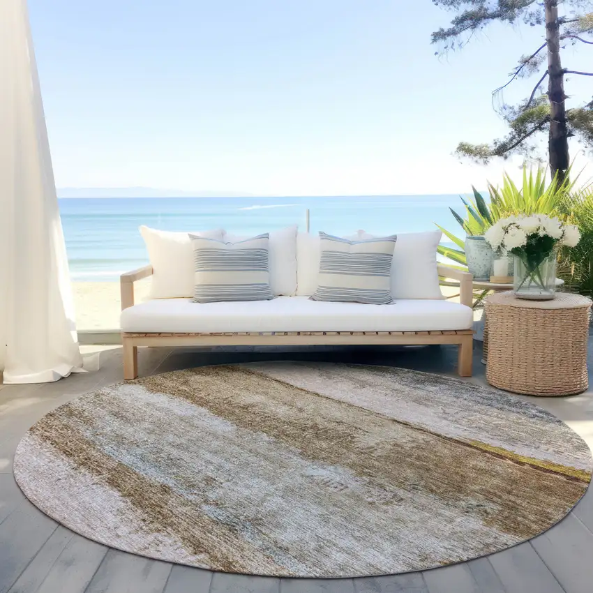 8' Beige Brown And Gray Round Abstract Washable Indoor Outdoor Area Rug Photo 6