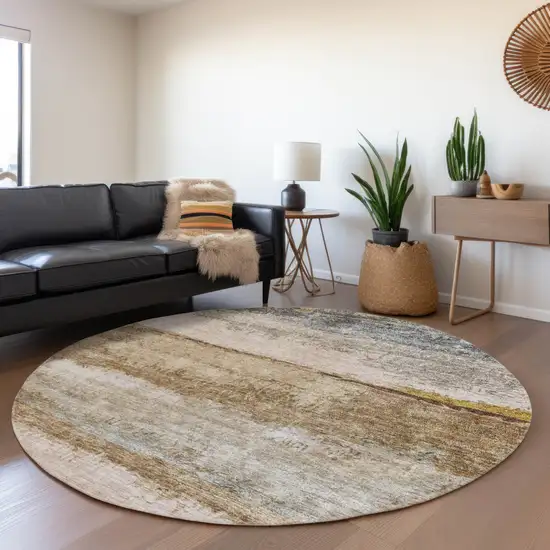 8' Beige Brown And Gray Round Abstract Washable Indoor Outdoor Area Rug Photo 7