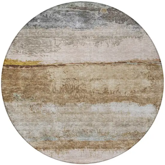 8' Beige Brown And Gray Round Abstract Washable Indoor Outdoor Area Rug Photo 5