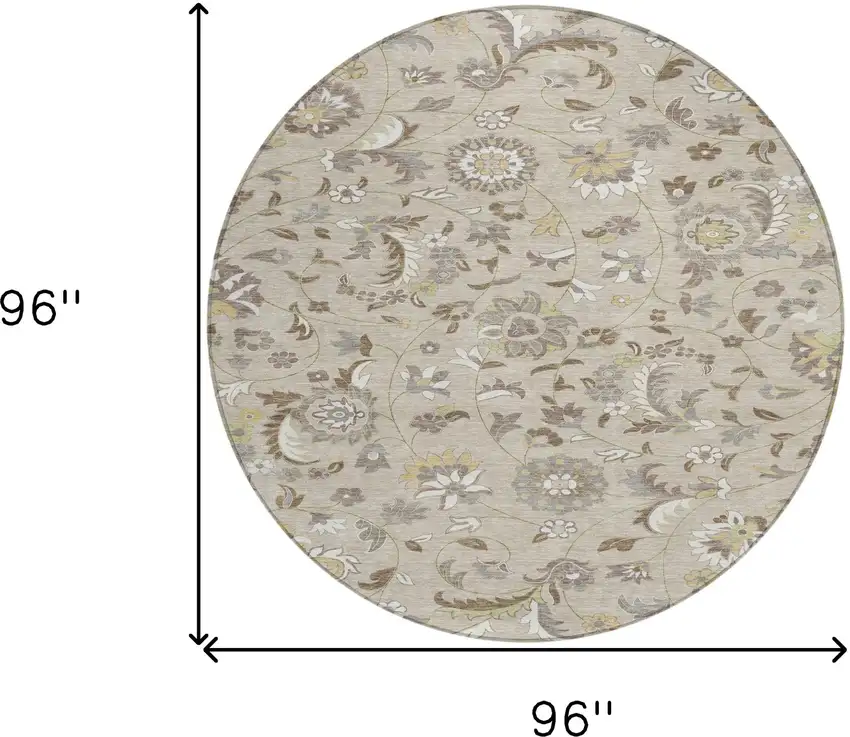 8' Beige Brown And Gray Round Floral Washable Indoor Outdoor Area Rug Photo 3