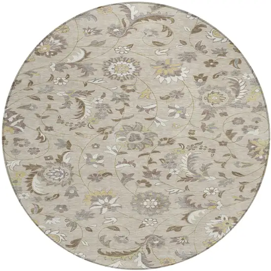 8' Beige Brown And Gray Round Floral Washable Indoor Outdoor Area Rug Photo 2