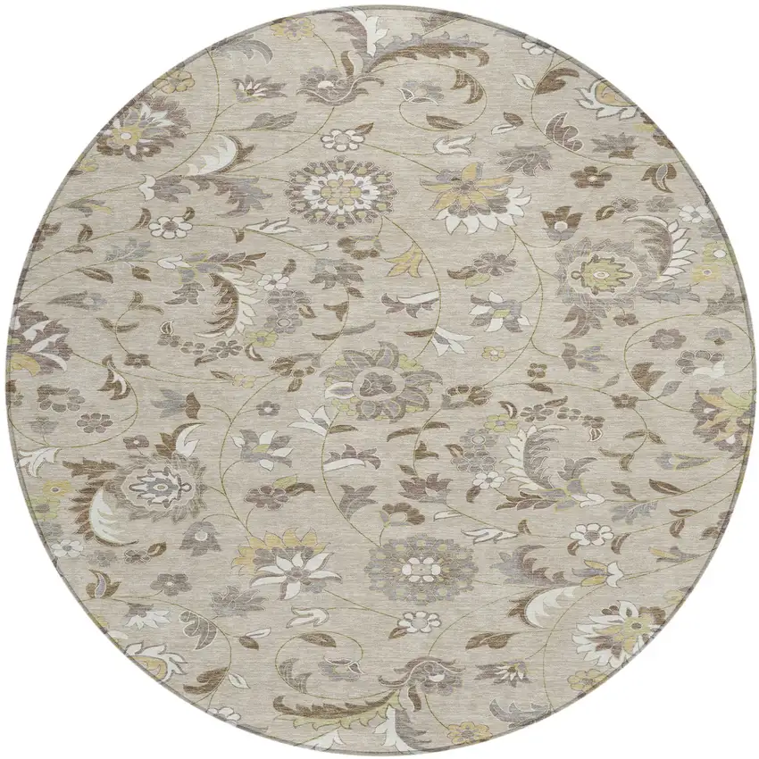 8' Beige Brown And Gray Round Floral Washable Indoor Outdoor Area Rug Photo 2
