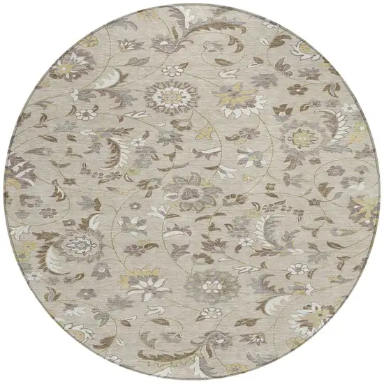 8' Beige Brown And Gray Round Floral Washable Indoor Outdoor Area Rug Photo 6