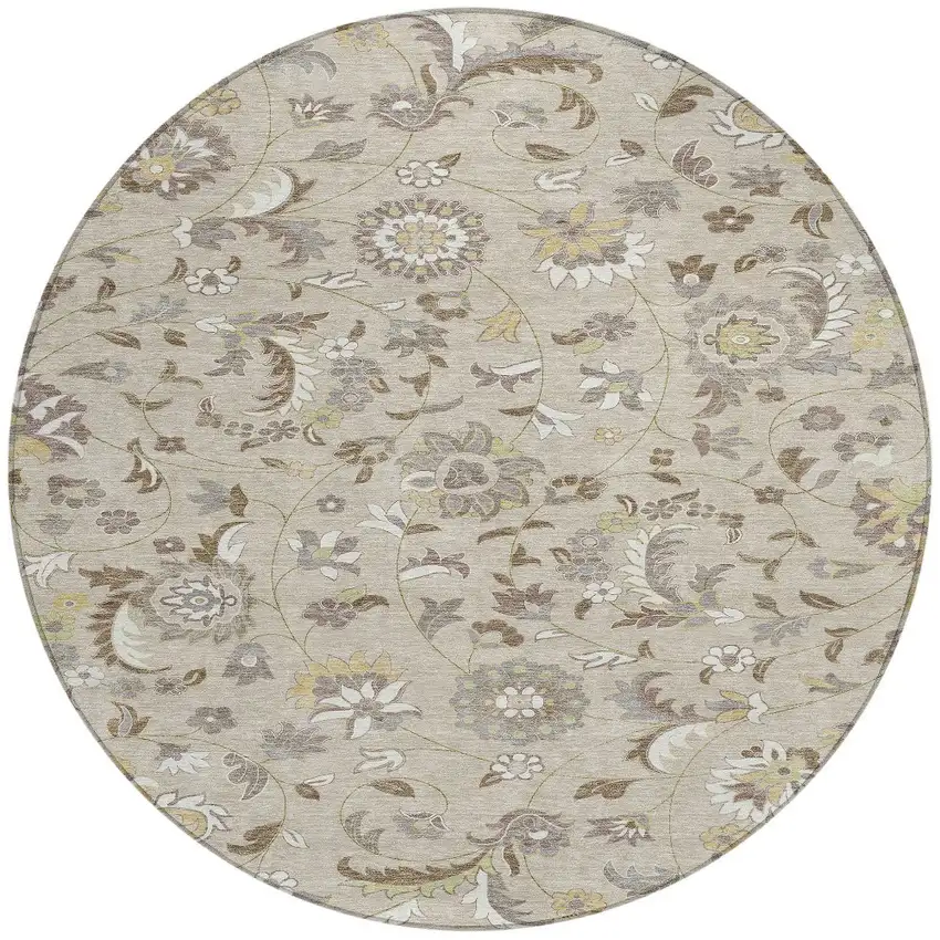 8' Beige Brown And Gray Round Floral Washable Indoor Outdoor Area Rug Photo 6