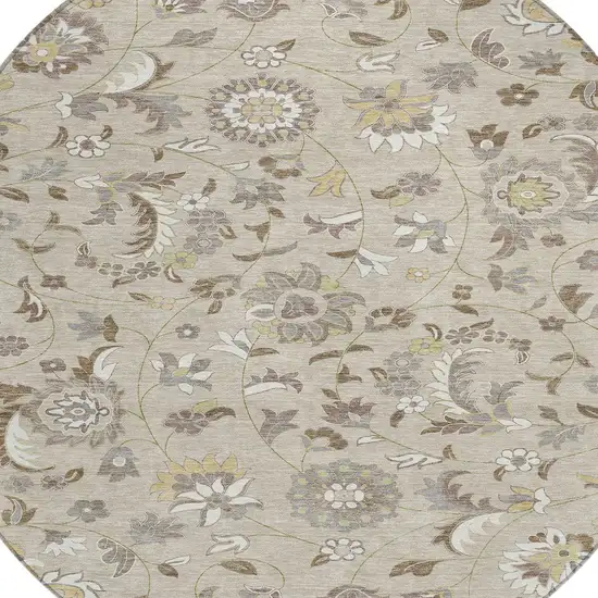 8' Beige Brown And Gray Round Floral Washable Indoor Outdoor Area Rug Photo 5
