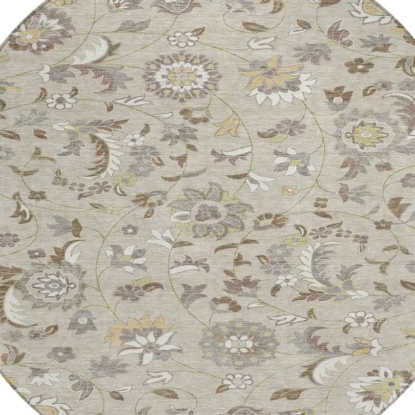 8' Beige Brown And Gray Round Floral Washable Indoor Outdoor Area Rug Photo 5