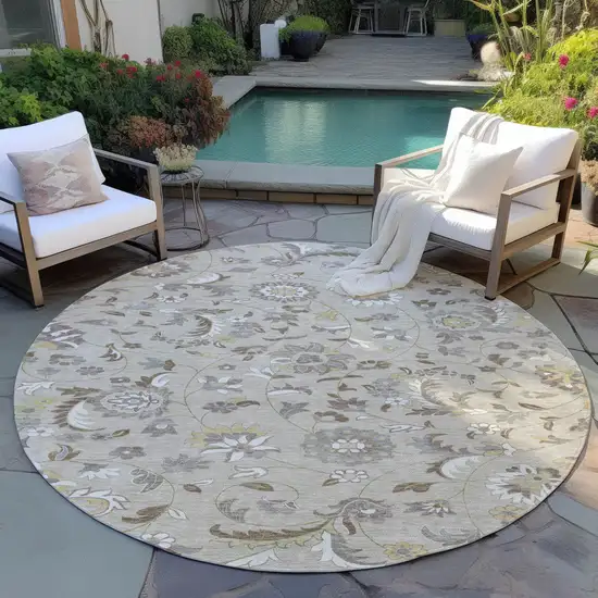 8' Beige Brown And Gray Round Floral Washable Indoor Outdoor Area Rug Photo 7