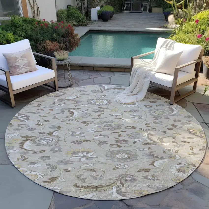 8' Beige Brown And Gray Round Floral Washable Indoor Outdoor Area Rug Photo 7