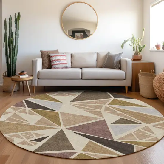 8' Beige Brown And Gray Round Geometric Washable Indoor Outdoor Area Rug Photo 8