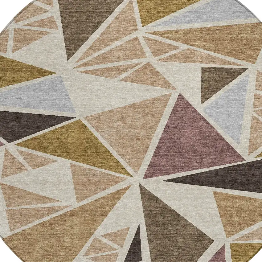 8' Beige Brown And Gray Round Geometric Washable Indoor Outdoor Area Rug Photo 4