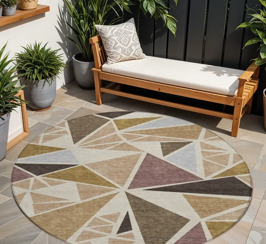 8' Beige Brown And Gray Round Geometric Washable Indoor Outdoor Area Rug Photo 1
