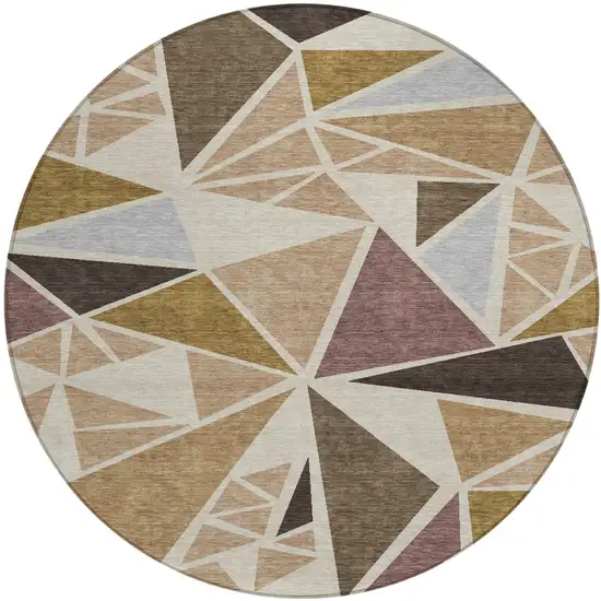 8' Beige Brown And Gray Round Geometric Washable Indoor Outdoor Area Rug Photo 2