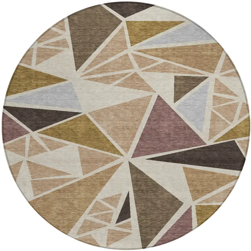 8' Beige Brown And Gray Round Geometric Washable Indoor Outdoor Area Rug Photo 2