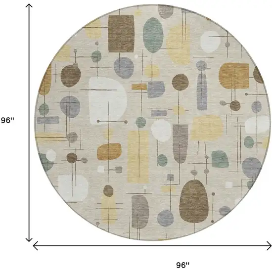 8' Beige Brown And Gray Round Geometric Washable Indoor Outdoor Area Rug Photo 9