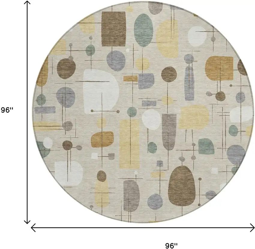 8' Beige Brown And Gray Round Geometric Washable Indoor Outdoor Area Rug Photo 9