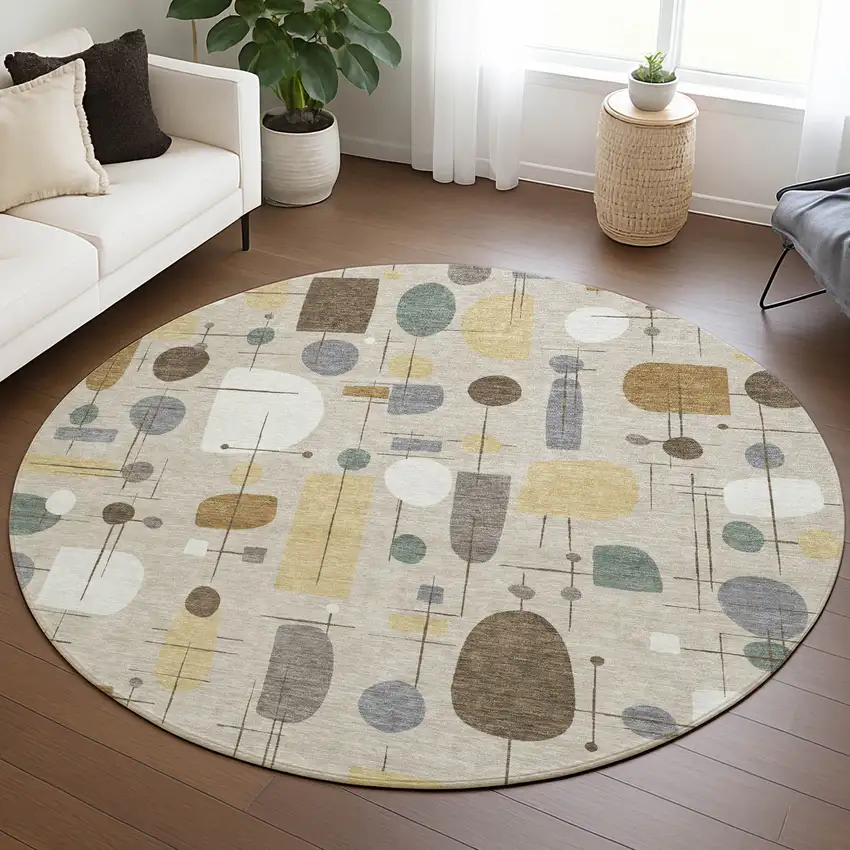 8' Beige Brown And Gray Round Geometric Washable Indoor Outdoor Area Rug Photo 4