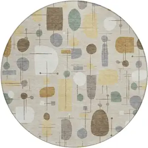Photo of 8' Beige Brown And Gray Round Geometric Washable Indoor Outdoor Area Rug