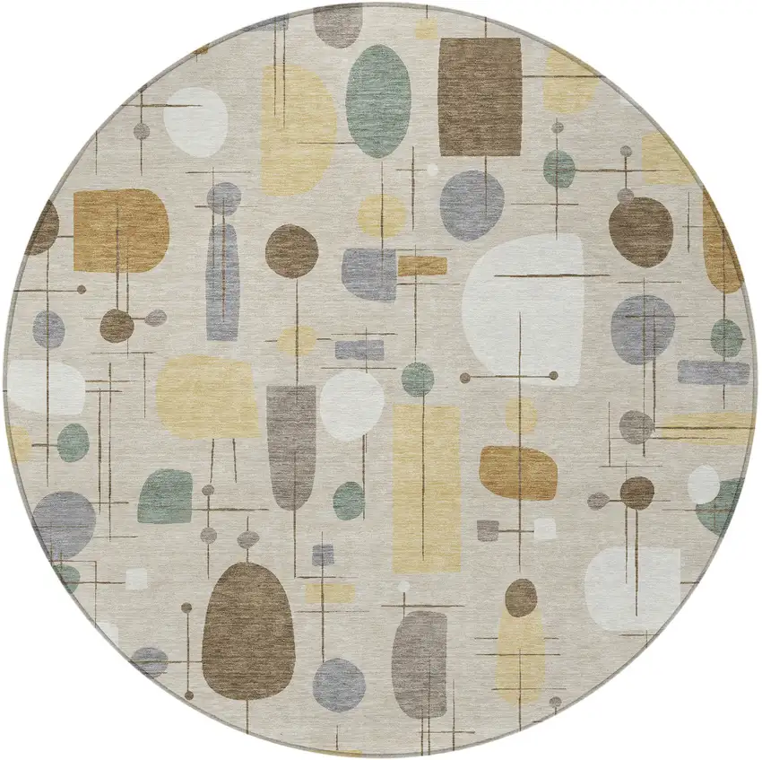 8' Beige Brown And Gray Round Geometric Washable Indoor Outdoor Area Rug Photo 2