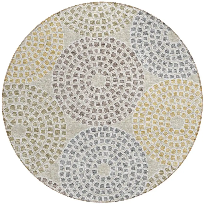 8' Beige Brown And Gray Round Geometric Washable Indoor Outdoor Area Rug Photo 6