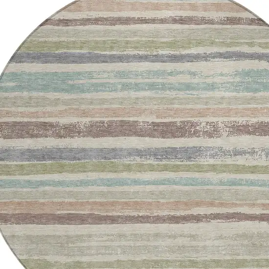 8' Beige Brown And Gray Round Striped Washable Indoor Outdoor Area Rug Photo 4
