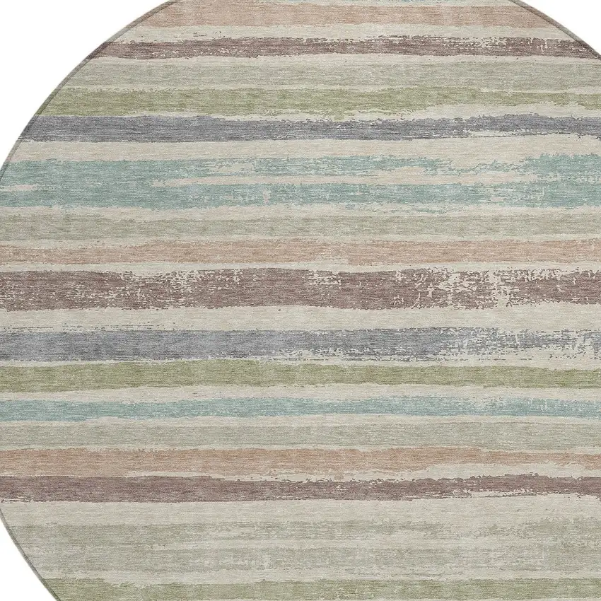 8' Beige Brown And Gray Round Striped Washable Indoor Outdoor Area Rug Photo 4