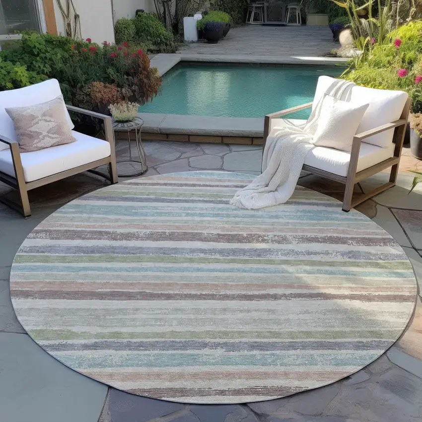 8' Beige Brown And Gray Round Striped Washable Indoor Outdoor Area Rug Photo 6