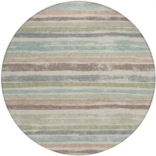 8' Beige Brown And Gray Round Striped Washable Indoor Outdoor Area Rug Photo 2