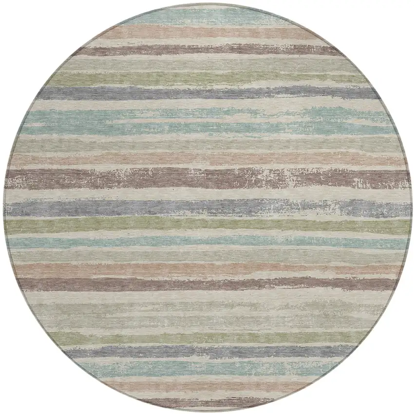 8' Beige Brown And Gray Round Striped Washable Indoor Outdoor Area Rug Photo 2