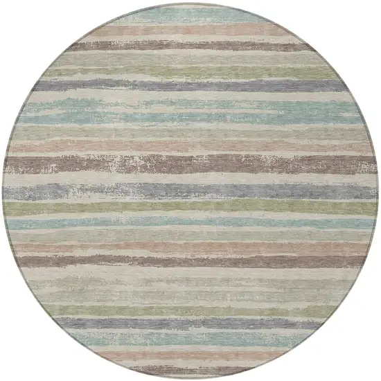 8' Beige Brown And Gray Round Striped Washable Indoor Outdoor Area Rug Photo 5
