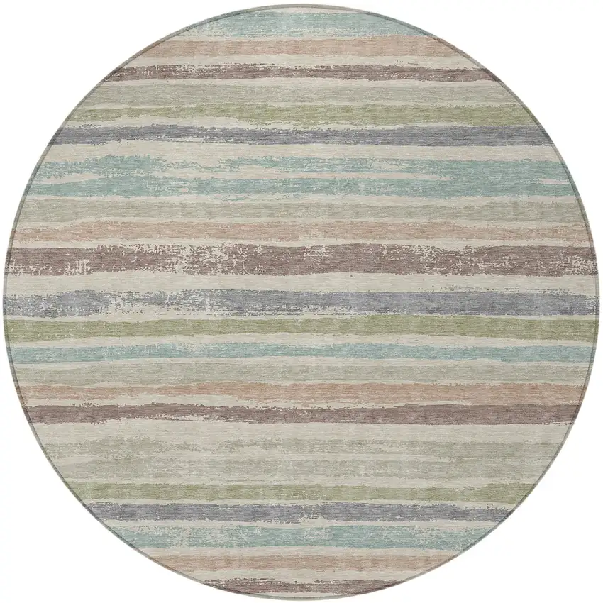 8' Beige Brown And Gray Round Striped Washable Indoor Outdoor Area Rug Photo 5