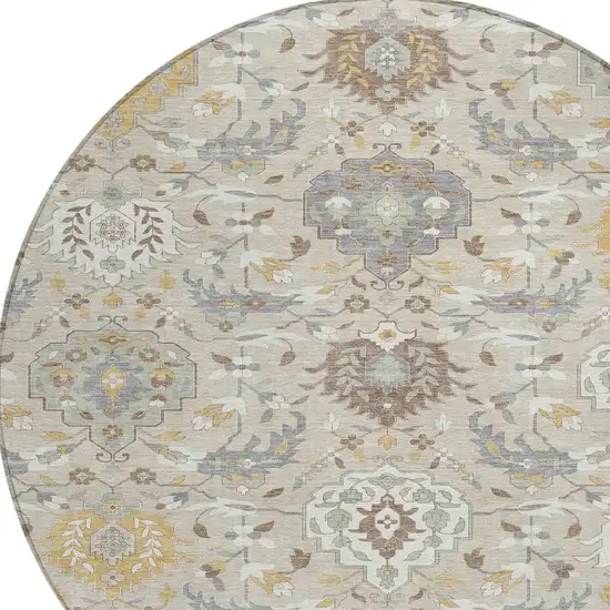 8' Beige Brown And Green Round Damask Washable Indoor Outdoor Area Rug Photo 5